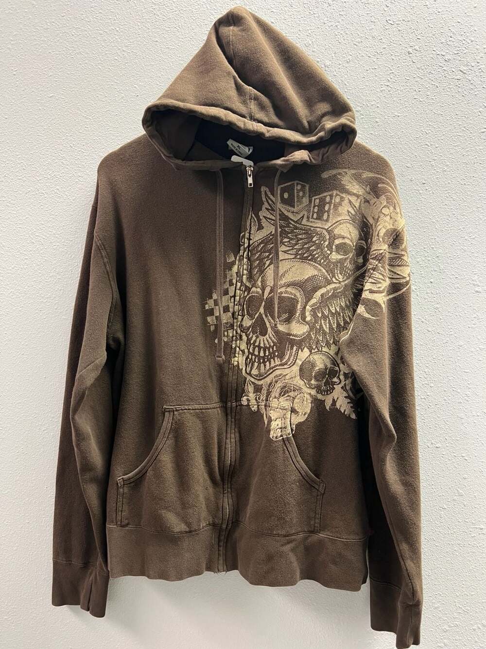 Vintage Y2K  APX Brown Skull Graphic Zip Up Hoodie XL 💀 Grunge Cyber 0010